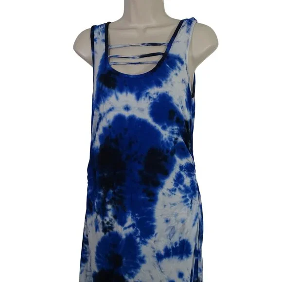 Cato Blue Tie Dye Maxi Tank Dress Women Size MP Slits Strappy Neckline Ruched - Picture 3 of 12